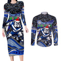 Merry Christmas Bulldogs Couples Matching Long Sleeve Bodycon Dress and Long Sleeve Button Shirt Aboriginal Santa Rugby Mascot - Canterbury Bankstown