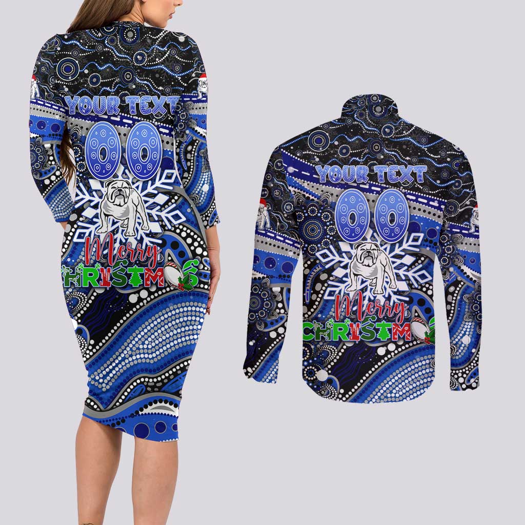 Merry Christmas Bulldogs Couples Matching Long Sleeve Bodycon Dress and Long Sleeve Button Shirt Aboriginal Santa Rugby Mascot - Canterbury Bankstown