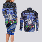 Merry Christmas Bulldogs Couples Matching Long Sleeve Bodycon Dress and Long Sleeve Button Shirt Aboriginal Santa Rugby Mascot - Canterbury Bankstown
