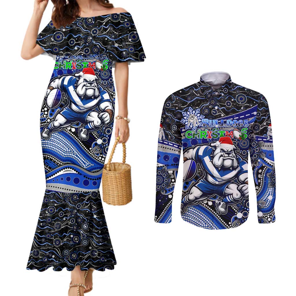 Merry Christmas Bulldogs Couples Matching Mermaid Dress and Long Sleeve Button Shirt Aboriginal Santa Rugby Mascot - Canterbury Bankstown