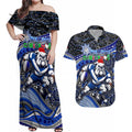 Merry Christmas Bulldogs Couples Matching Off Shoulder Maxi Dress and Hawaiian Shirt Aboriginal Santa Rugby Mascot - Canterbury Bankstown