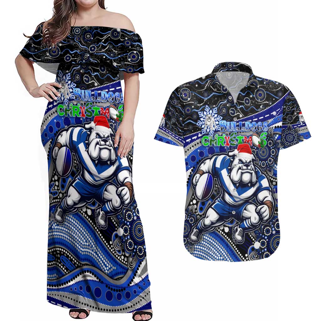 Merry Christmas Bulldogs Couples Matching Off Shoulder Maxi Dress and Hawaiian Shirt Aboriginal Santa Rugby Mascot - Canterbury Bankstown