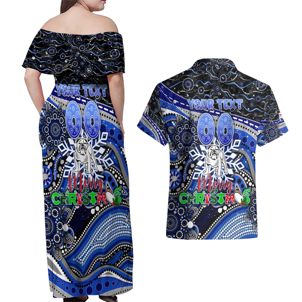 Merry Christmas Bulldogs Couples Matching Off Shoulder Maxi Dress and Hawaiian Shirt Aboriginal Santa Rugby Mascot - Canterbury Bankstown