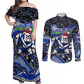 Merry Christmas Bulldogs Couples Matching Off Shoulder Maxi Dress and Long Sleeve Button Shirt Aboriginal Santa Rugby Mascot - Canterbury Bankstown