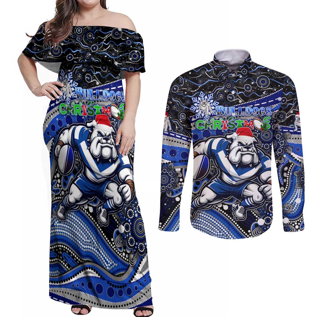 Merry Christmas Bulldogs Couples Matching Off Shoulder Maxi Dress and Long Sleeve Button Shirt Aboriginal Santa Rugby Mascot - Canterbury Bankstown