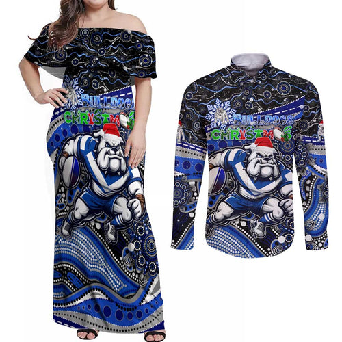 Merry Christmas Bulldogs Couples Matching Off Shoulder Maxi Dress and Long Sleeve Button Shirt Aboriginal Santa Rugby Mascot - Canterbury Bankstown