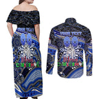 Merry Christmas Bulldogs Couples Matching Off Shoulder Maxi Dress and Long Sleeve Button Shirt Aboriginal Santa Rugby Mascot - Canterbury Bankstown