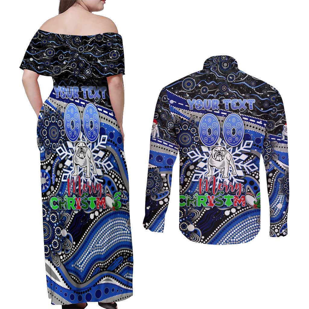 Merry Christmas Bulldogs Couples Matching Off Shoulder Maxi Dress and Long Sleeve Button Shirt Aboriginal Santa Rugby Mascot - Canterbury Bankstown