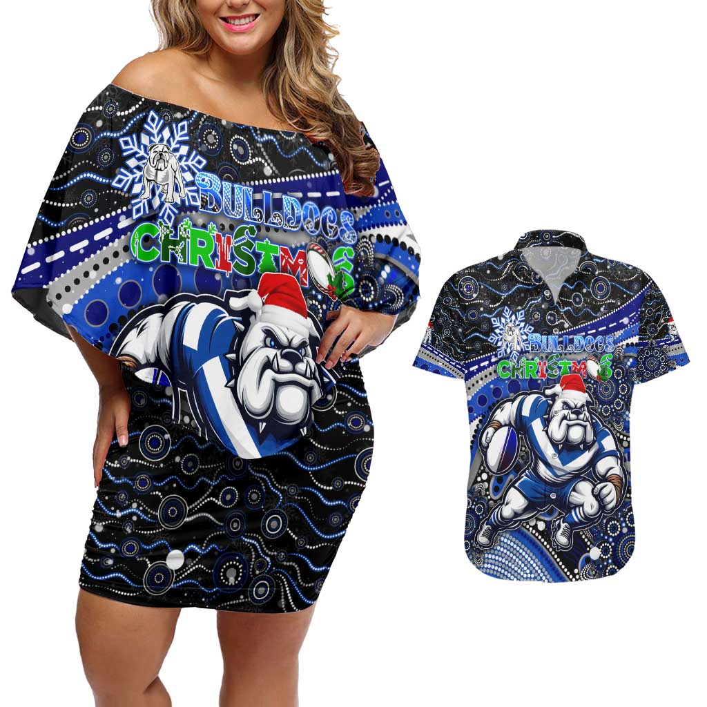 Merry Christmas Bulldogs Couples Matching Off Shoulder Short Dress and Hawaiian Shirt Aboriginal Santa Rugby Mascot - Canterbury Bankstown