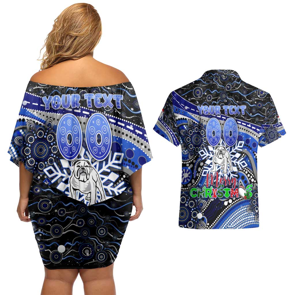Merry Christmas Bulldogs Couples Matching Off Shoulder Short Dress and Hawaiian Shirt Aboriginal Santa Rugby Mascot - Canterbury Bankstown