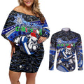 Merry Christmas Bulldogs Couples Matching Off Shoulder Short Dress and Long Sleeve Button Shirt Aboriginal Santa Rugby Mascot - Canterbury Bankstown