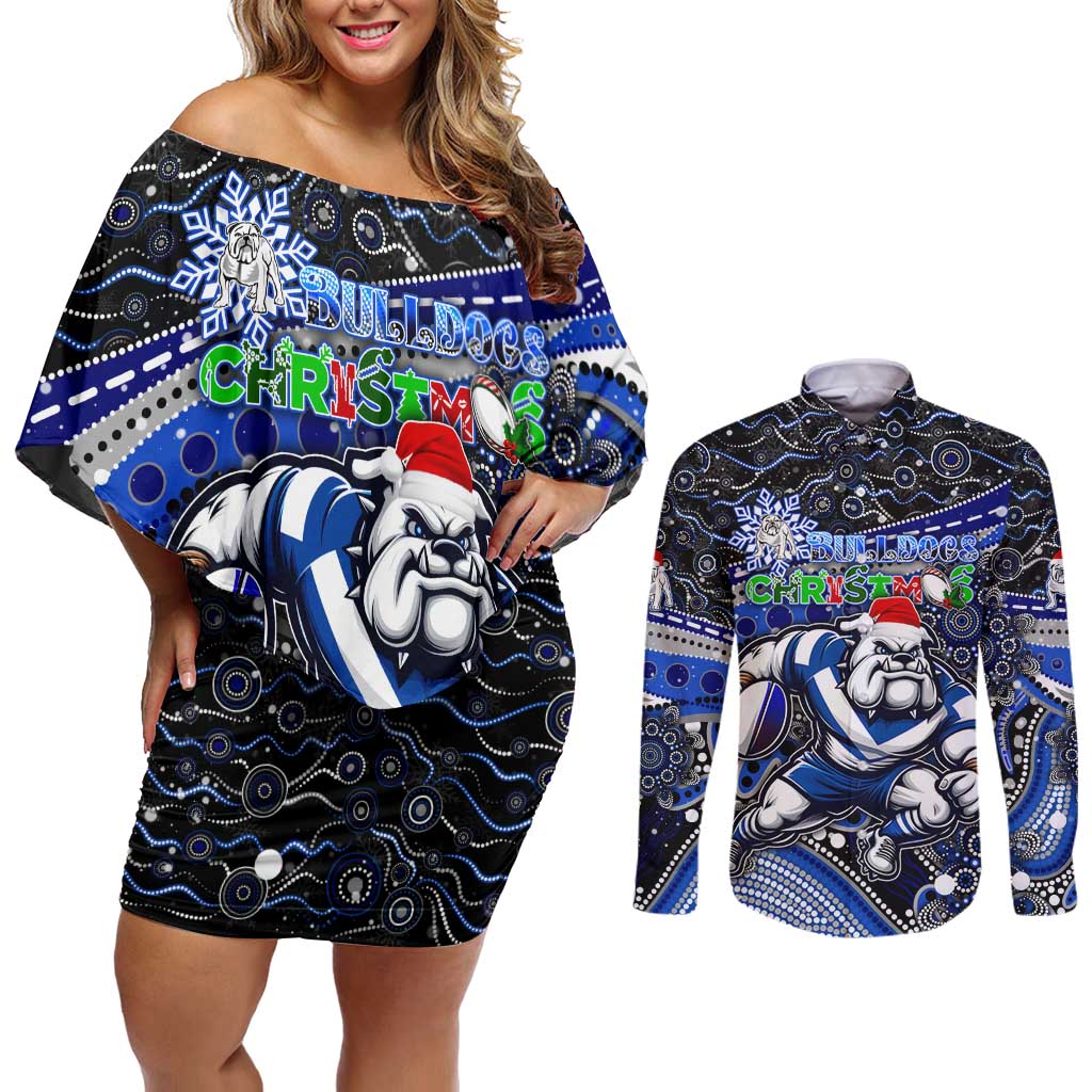 Merry Christmas Bulldogs Couples Matching Off Shoulder Short Dress and Long Sleeve Button Shirt Aboriginal Santa Rugby Mascot - Canterbury Bankstown