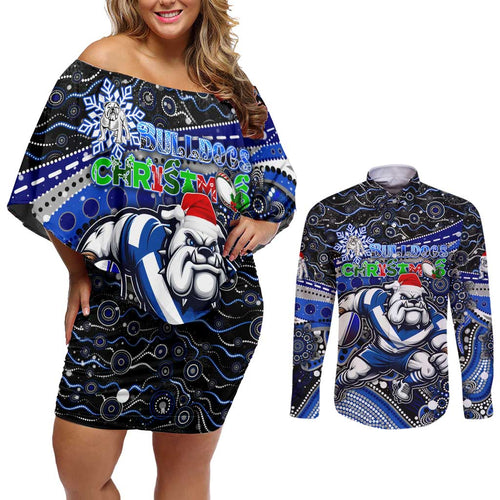 Merry Christmas Bulldogs Couples Matching Off Shoulder Short Dress and Long Sleeve Button Shirt Aboriginal Santa Rugby Mascot - Canterbury Bankstown