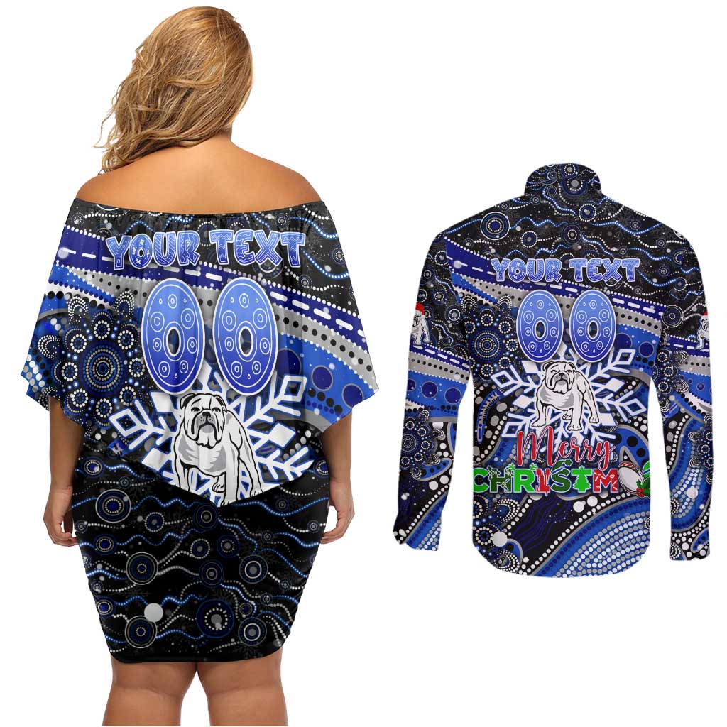 Merry Christmas Bulldogs Couples Matching Off Shoulder Short Dress and Long Sleeve Button Shirt Aboriginal Santa Rugby Mascot - Canterbury Bankstown