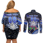 Merry Christmas Bulldogs Couples Matching Off Shoulder Short Dress and Long Sleeve Button Shirt Aboriginal Santa Rugby Mascot - Canterbury Bankstown