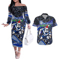 Merry Christmas Bulldogs Couples Matching Off The Shoulder Long Sleeve Dress and Hawaiian Shirt Aboriginal Santa Rugby Mascot - Canterbury Bankstown