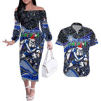 Merry Christmas Bulldogs Couples Matching Off The Shoulder Long Sleeve Dress and Hawaiian Shirt Aboriginal Santa Rugby Mascot - Canterbury Bankstown