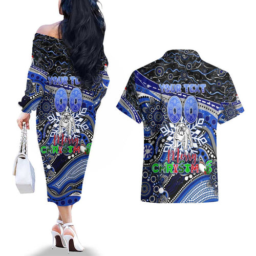 Merry Christmas Bulldogs Couples Matching Off The Shoulder Long Sleeve Dress and Hawaiian Shirt Aboriginal Santa Rugby Mascot - Canterbury Bankstown