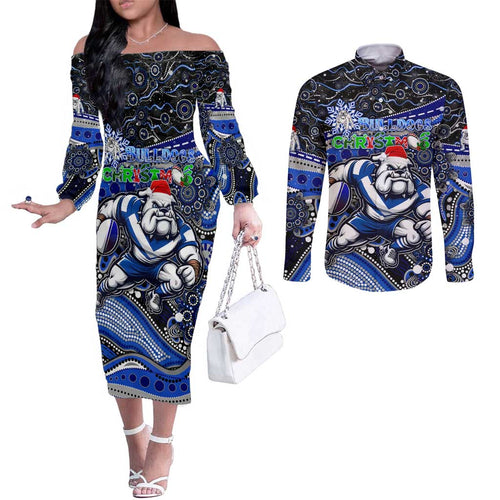 Merry Christmas Bulldogs Couples Matching Off The Shoulder Long Sleeve Dress and Long Sleeve Button Shirt Aboriginal Santa Rugby Mascot - Canterbury Bankstown
