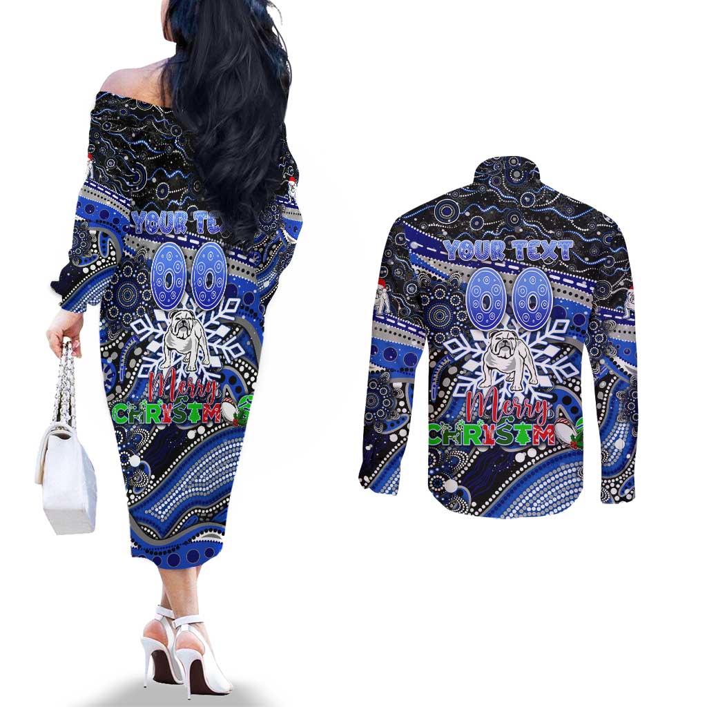 Merry Christmas Bulldogs Couples Matching Off The Shoulder Long Sleeve Dress and Long Sleeve Button Shirt Aboriginal Santa Rugby Mascot - Canterbury Bankstown