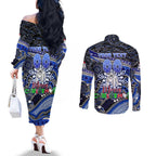 Merry Christmas Bulldogs Couples Matching Off The Shoulder Long Sleeve Dress and Long Sleeve Button Shirt Aboriginal Santa Rugby Mascot - Canterbury Bankstown