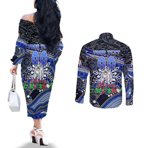 Merry Christmas Bulldogs Couples Matching Off The Shoulder Long Sleeve Dress and Long Sleeve Button Shirt Aboriginal Santa Rugby Mascot - Canterbury Bankstown