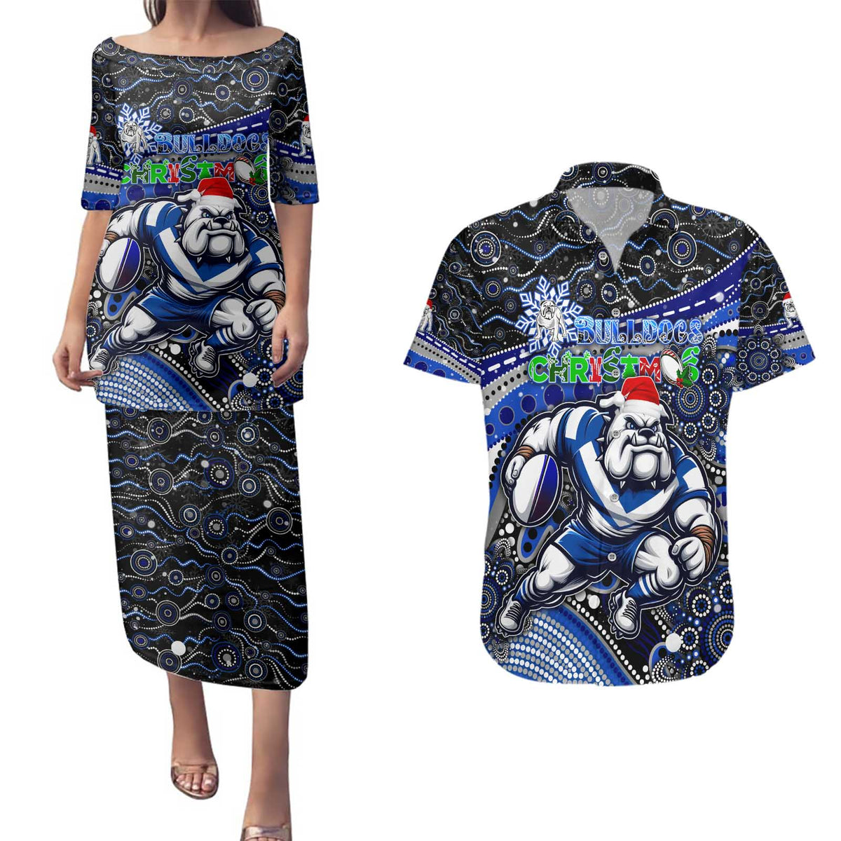 Merry Christmas Bulldogs Couples Matching Puletasi and Hawaiian Shirt Aboriginal Santa Rugby Mascot - Canterbury Bankstown