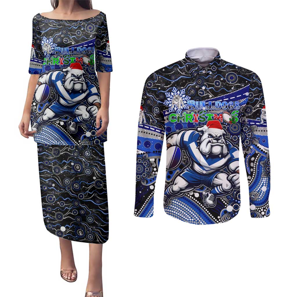 Merry Christmas Bulldogs Couples Matching Puletasi and Long Sleeve Button Shirt Aboriginal Santa Rugby Mascot - Canterbury Bankstown