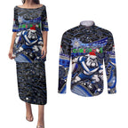 Merry Christmas Bulldogs Couples Matching Puletasi and Long Sleeve Button Shirt Aboriginal Santa Rugby Mascot - Canterbury Bankstown