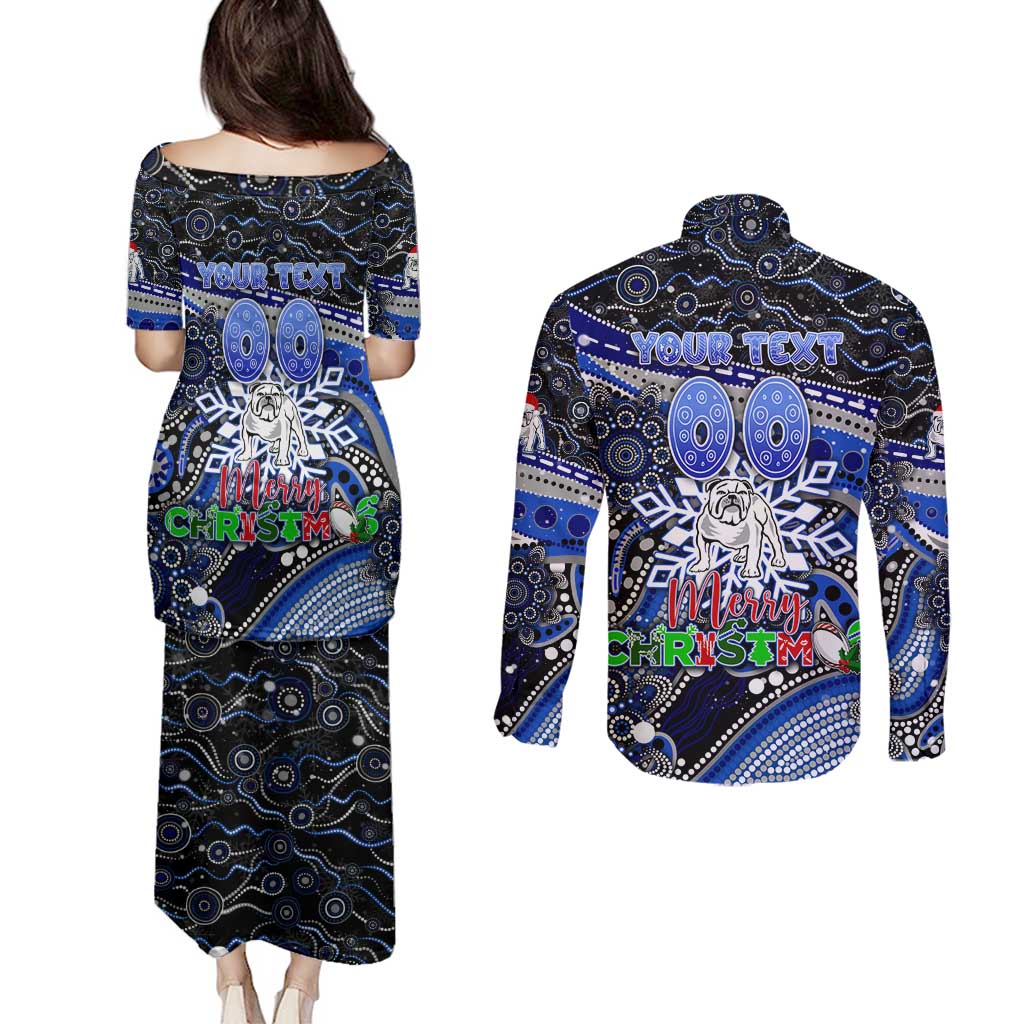Merry Christmas Bulldogs Couples Matching Puletasi and Long Sleeve Button Shirt Aboriginal Santa Rugby Mascot - Canterbury Bankstown