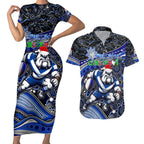 Merry Christmas Bulldogs Couples Matching Short Sleeve Bodycon Dress and Hawaiian Shirt Aboriginal Santa Rugby Mascot - Canterbury Bankstown