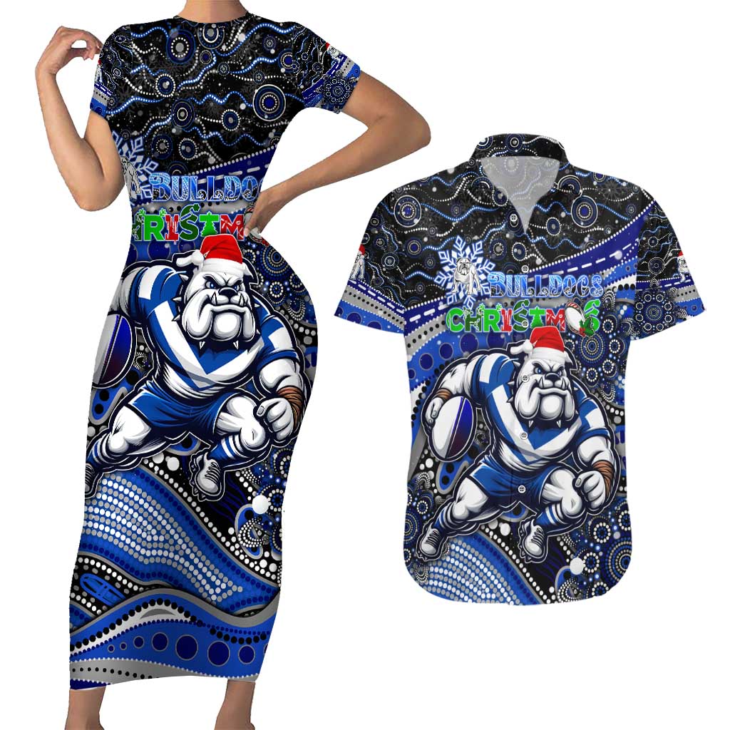 Merry Christmas Bulldogs Couples Matching Short Sleeve Bodycon Dress and Hawaiian Shirt Aboriginal Santa Rugby Mascot - Canterbury Bankstown