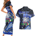 Merry Christmas Bulldogs Couples Matching Short Sleeve Bodycon Dress and Hawaiian Shirt Aboriginal Santa Rugby Mascot - Canterbury Bankstown