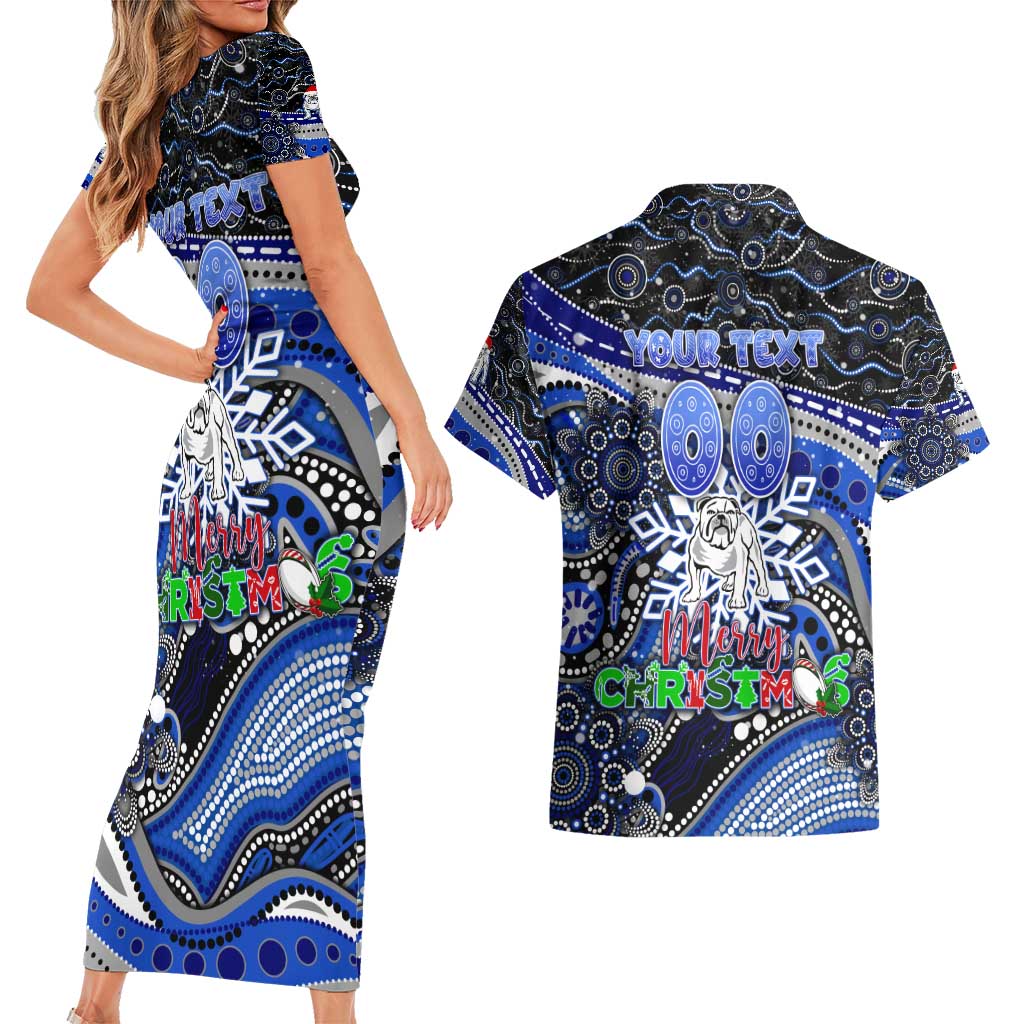 Merry Christmas Bulldogs Couples Matching Short Sleeve Bodycon Dress and Hawaiian Shirt Aboriginal Santa Rugby Mascot - Canterbury Bankstown