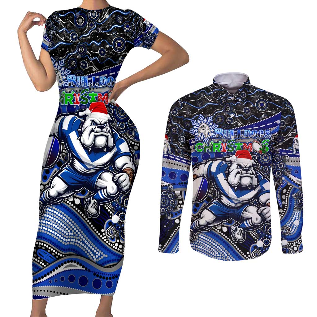 Merry Christmas Bulldogs Couples Matching Short Sleeve Bodycon Dress and Long Sleeve Button Shirt Aboriginal Santa Rugby Mascot - Canterbury Bankstown