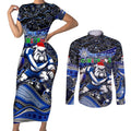 Merry Christmas Bulldogs Couples Matching Short Sleeve Bodycon Dress and Long Sleeve Button Shirt Aboriginal Santa Rugby Mascot - Canterbury Bankstown