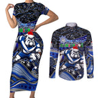 Merry Christmas Bulldogs Couples Matching Short Sleeve Bodycon Dress and Long Sleeve Button Shirt Aboriginal Santa Rugby Mascot - Canterbury Bankstown
