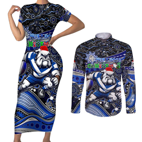 Merry Christmas Bulldogs Couples Matching Short Sleeve Bodycon Dress and Long Sleeve Button Shirt Aboriginal Santa Rugby Mascot - Canterbury Bankstown