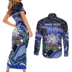 Merry Christmas Bulldogs Couples Matching Short Sleeve Bodycon Dress and Long Sleeve Button Shirt Aboriginal Santa Rugby Mascot - Canterbury Bankstown