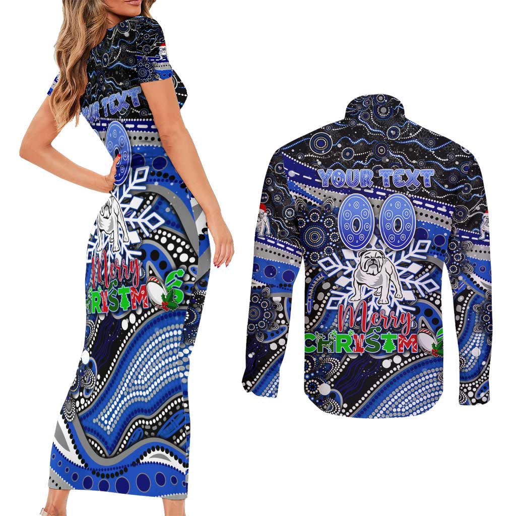 Merry Christmas Bulldogs Couples Matching Short Sleeve Bodycon Dress and Long Sleeve Button Shirt Aboriginal Santa Rugby Mascot - Canterbury Bankstown