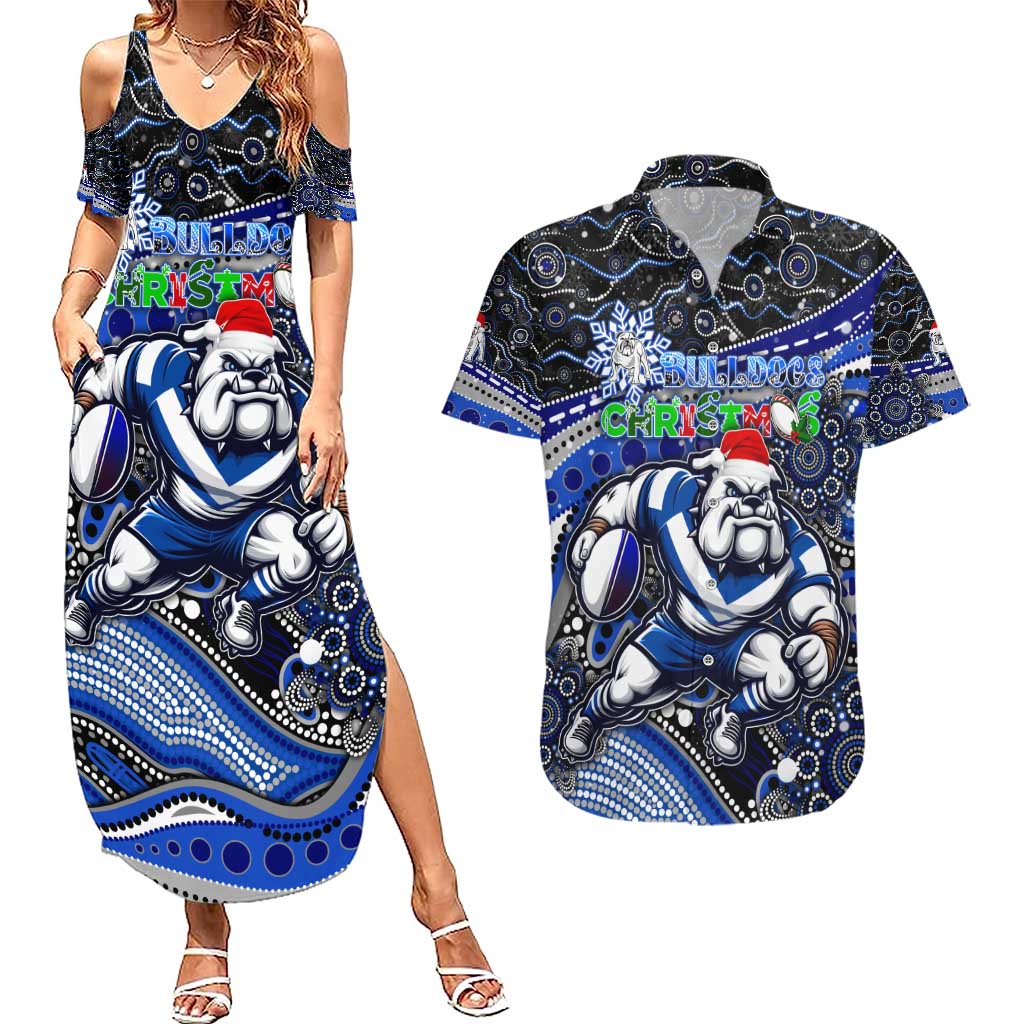 Merry Christmas Bulldogs Couples Matching Summer Maxi Dress and Hawaiian Shirt Aboriginal Santa Rugby Mascot - Canterbury Bankstown