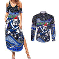 Merry Christmas Bulldogs Couples Matching Summer Maxi Dress and Long Sleeve Button Shirt Aboriginal Santa Rugby Mascot - Canterbury Bankstown