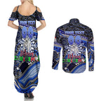 Merry Christmas Bulldogs Couples Matching Summer Maxi Dress and Long Sleeve Button Shirt Aboriginal Santa Rugby Mascot - Canterbury Bankstown