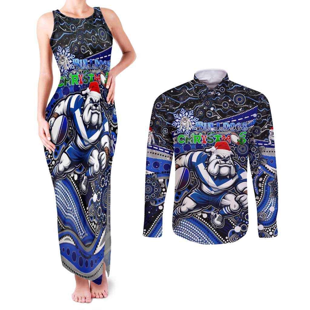 Merry Christmas Bulldogs Couples Matching Tank Maxi Dress and Long Sleeve Button Shirt Aboriginal Santa Rugby Mascot - Canterbury Bankstown