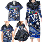 Merry Christmas Bulldogs Family Matching Long Sleeve Bodycon Dress and Hawaiian Shirt Aboriginal Santa Rugby Mascot - Canterbury Bankstown