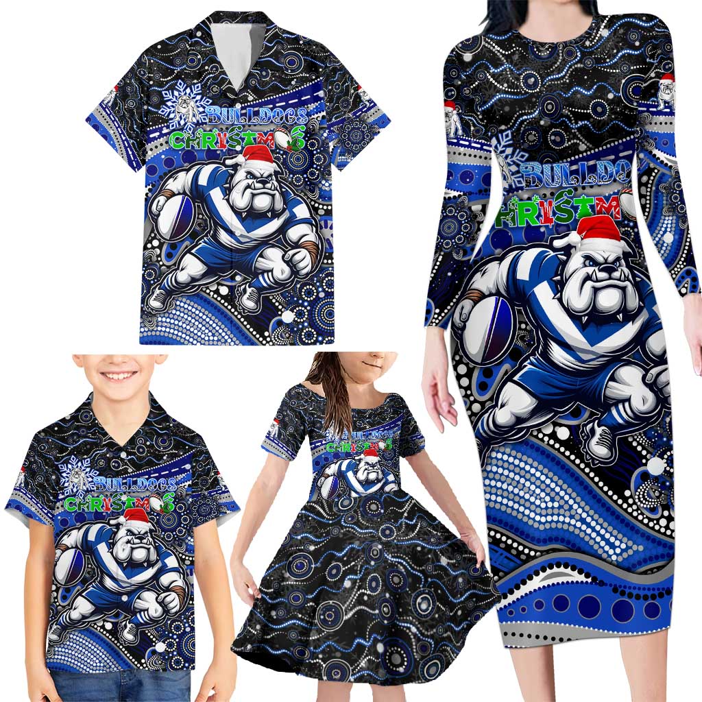 Merry Christmas Bulldogs Family Matching Long Sleeve Bodycon Dress and Hawaiian Shirt Aboriginal Santa Rugby Mascot - Canterbury Bankstown