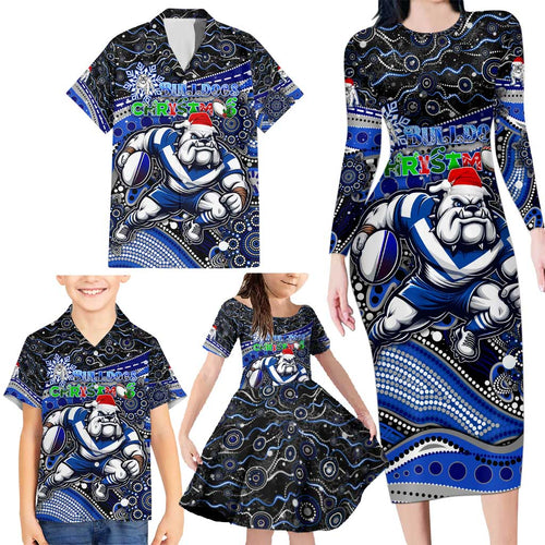 Merry Christmas Bulldogs Family Matching Long Sleeve Bodycon Dress and Hawaiian Shirt Aboriginal Santa Rugby Mascot - Canterbury Bankstown
