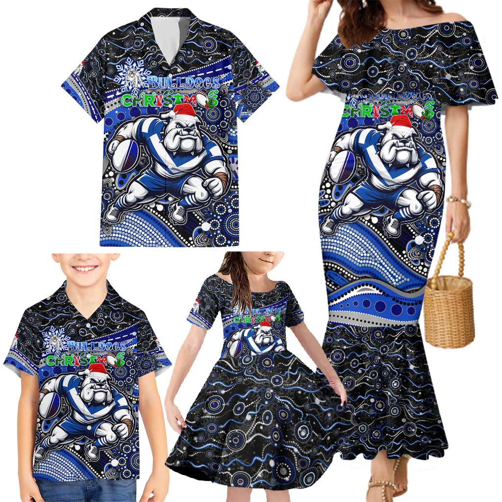 Merry Christmas Bulldogs Family Matching Mermaid Dress and Hawaiian Shirt Aboriginal Santa Rugby Mascot - Canterbury Bankstown