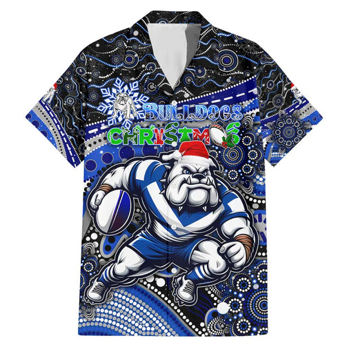 Merry Christmas Bulldogs Family Matching Mermaid Dress and Hawaiian Shirt Aboriginal Santa Rugby Mascot - Canterbury Bankstown