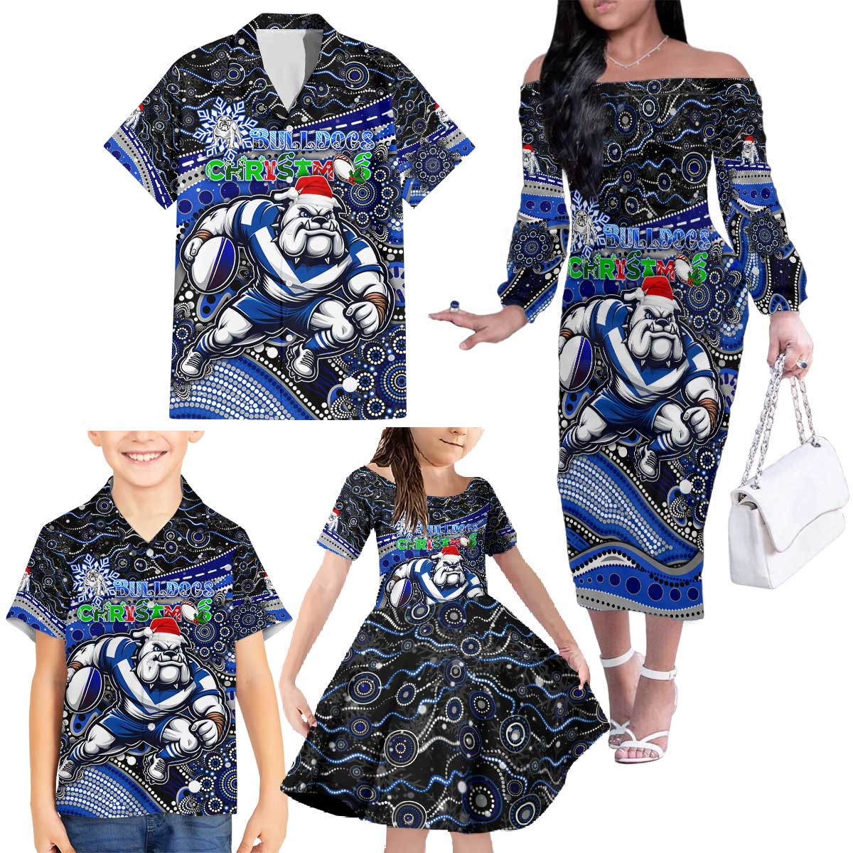 Merry Christmas Bulldogs Family Matching Off The Shoulder Long Sleeve Dress and Hawaiian Shirt Aboriginal Santa Rugby Mascot - Canterbury Bankstown